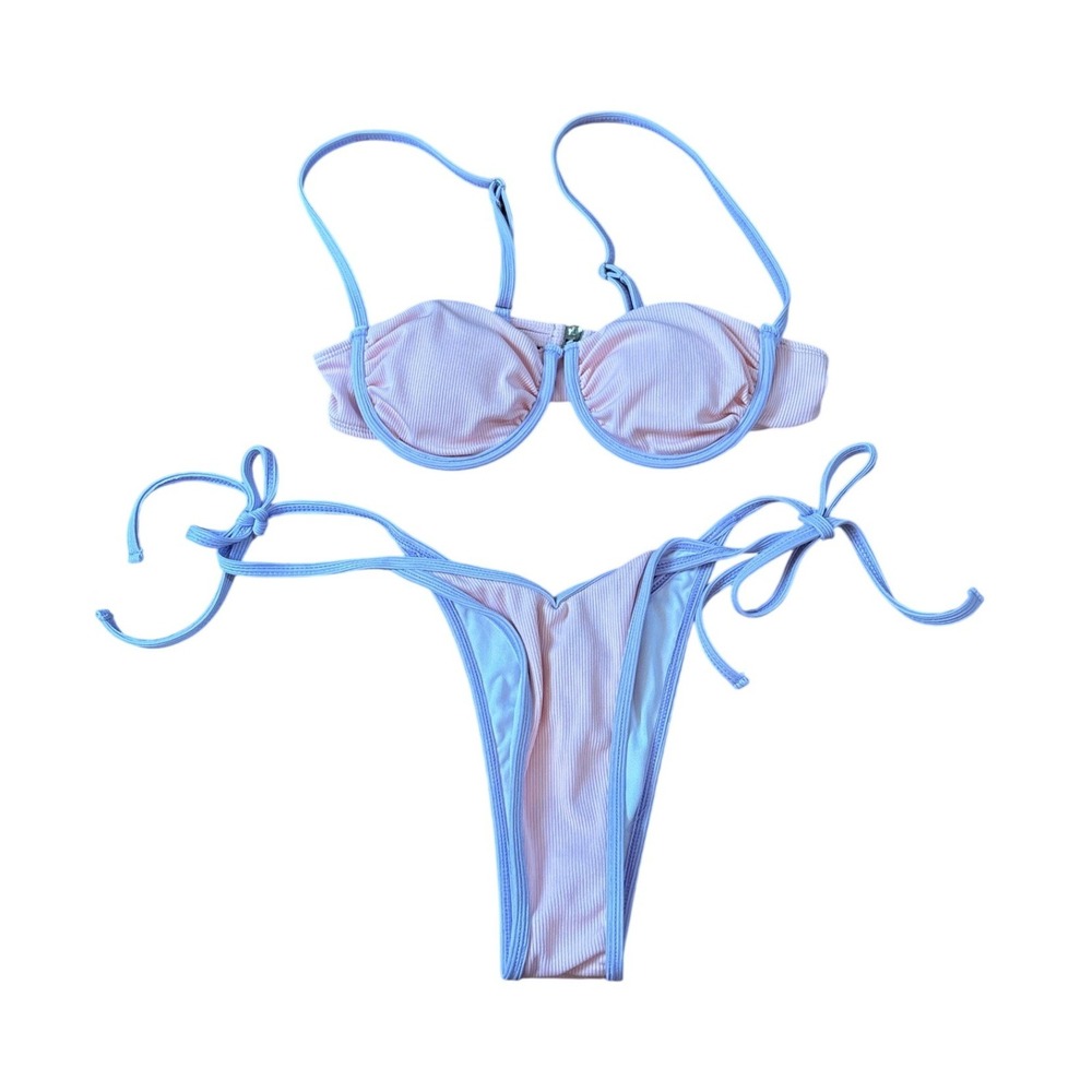 Zaful Bikini Set Women Pink Ribbed Underwire High Cut Side Tie SIZE 4